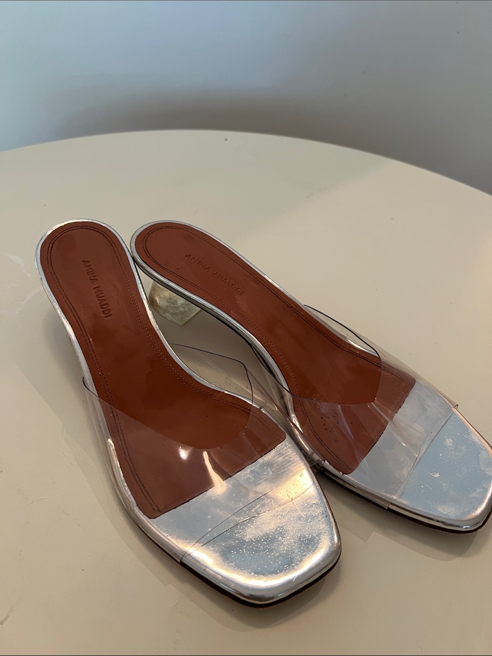 Amina Muaddi Silver Metallic and Clear Slide Mules